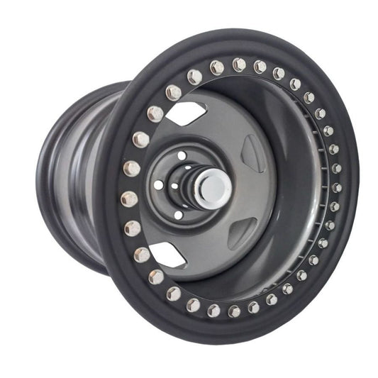Llanta Pacific Wheels BEADLOCK 17x10 ET-38 6x139 — Gunmetal mate / borde negro / remaches cromados