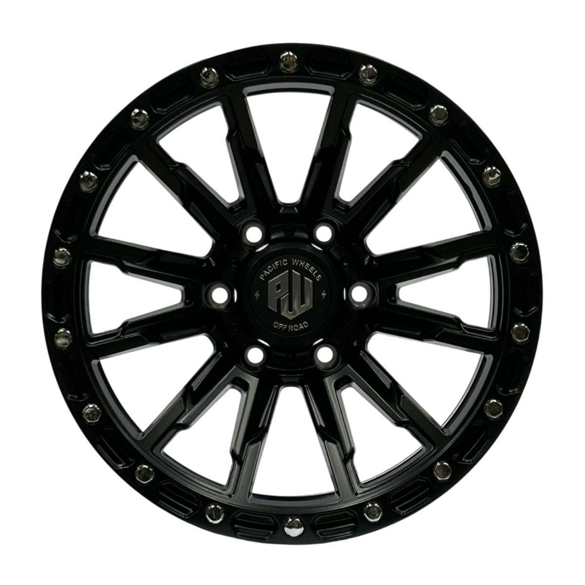 Llanta Pacific Wheels TRIGGER 17x9 ET0 6x139 — Negro mate / remaches cromados
