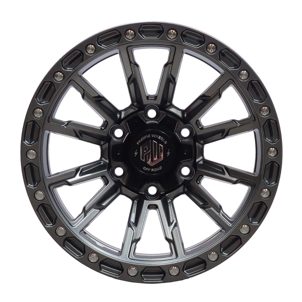 Llanta Pacific Wheels TRIGGER 17x9 ET0 6x139 — Matt Gunmetal Milling Rivet
