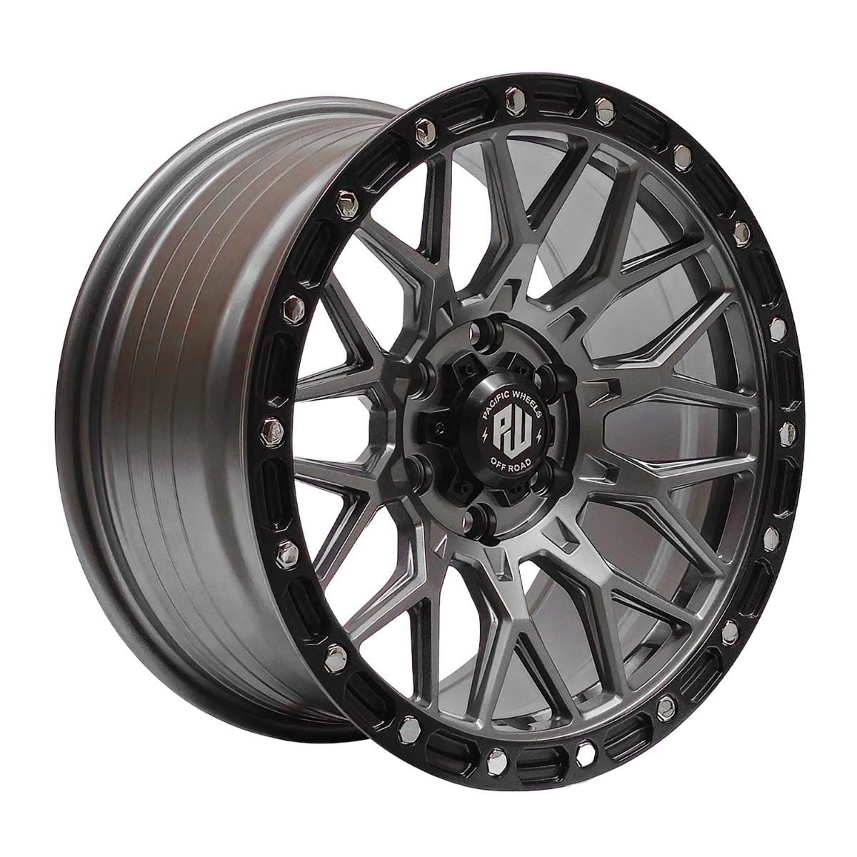 Llanta Pacific Wheels WOLF 17x8.5 ET20 6x139 — Gunmetal mate / borde negro / remaches cromados