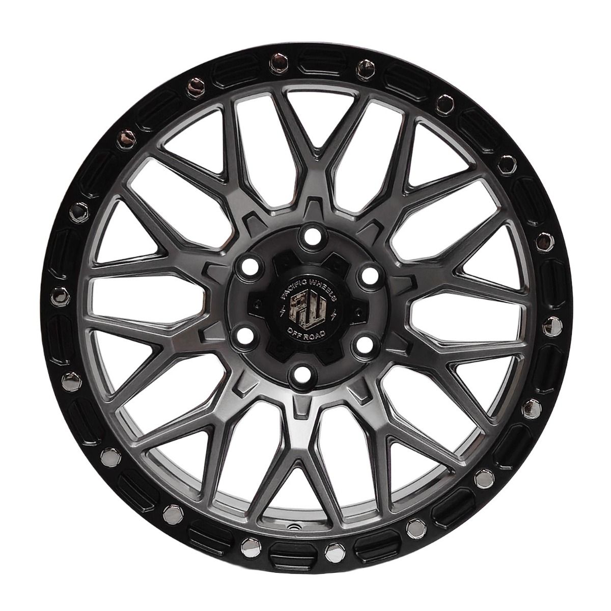 Llanta Pacific Wheels WOLF 17x8.5 ET20 6x139 — Gunmetal mate / borde negro / remaches cromados
